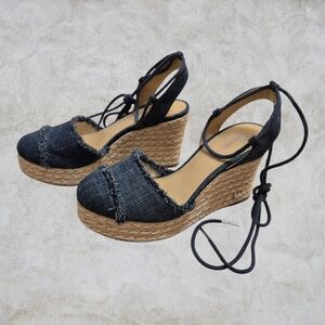 Michael Kors Black Denim Espadrille Wedge Sandals
